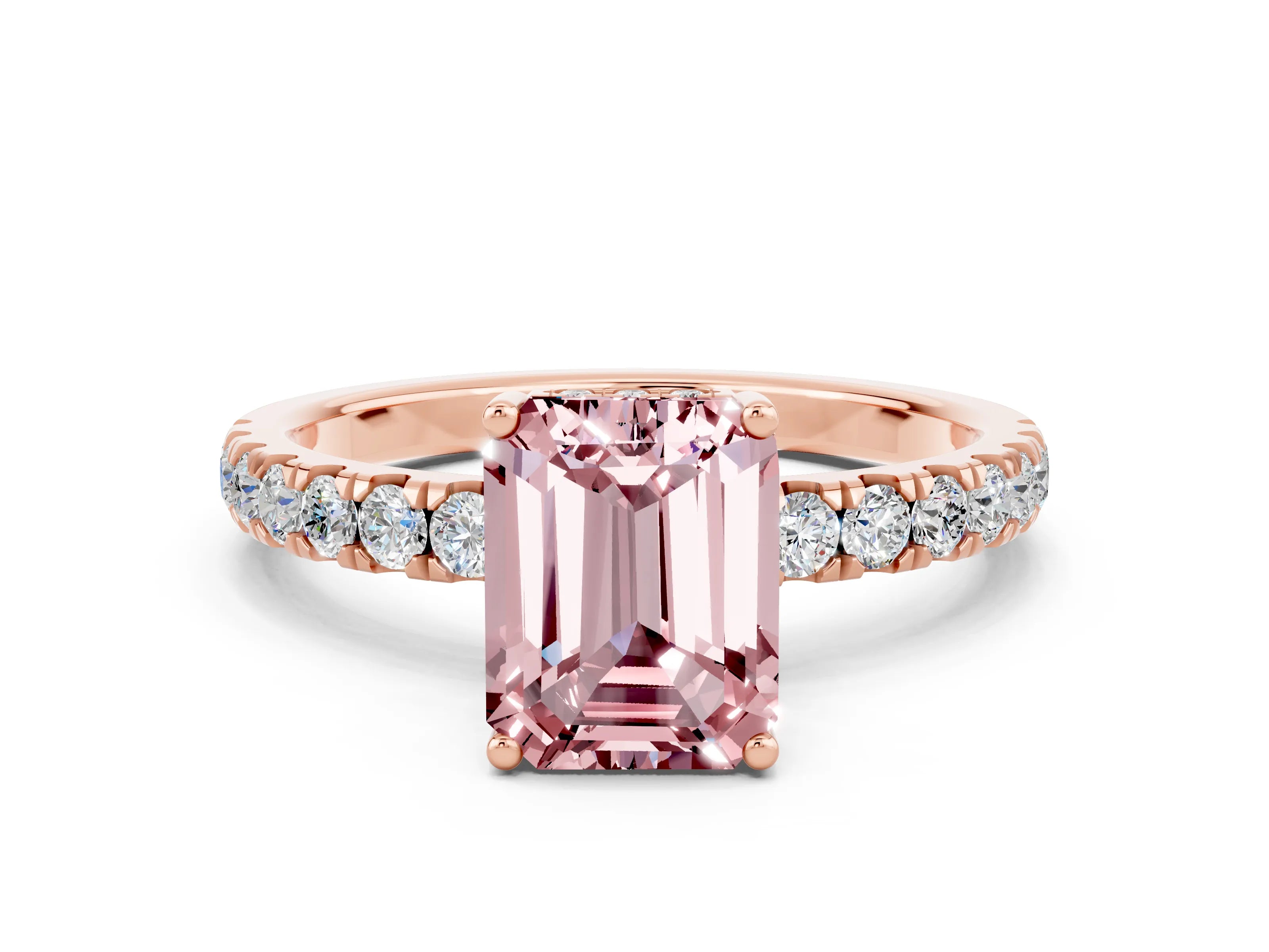 Rose gold Emerald Cut Morganite Pave Band Solitaire Ring with Four-Prong Setting_24