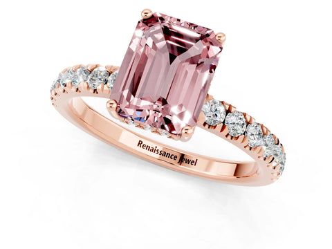 Rose gold Emerald Cut Morganite Pave Band Solitaire Ring with Four-Prong Setting_25
