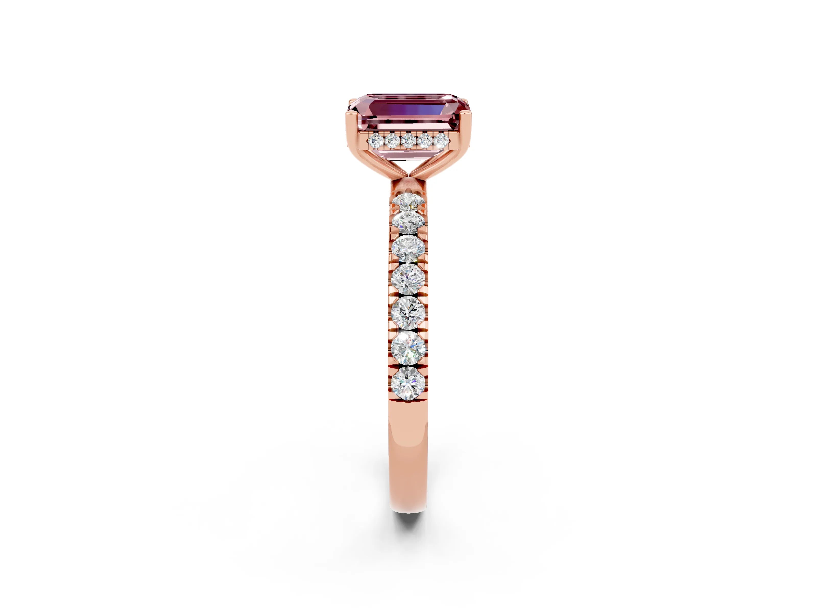 Rose gold Emerald Cut Morganite Pave Band Solitaire Ring with Four-Prong Setting_26