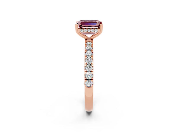 Rose gold Emerald Cut Morganite Pave Band Solitaire Ring with Round  and Prong Setting