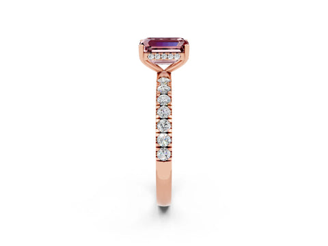 Rose gold Emerald Cut Morganite Pave Band Solitaire Ring with Four-Prong Setting_26