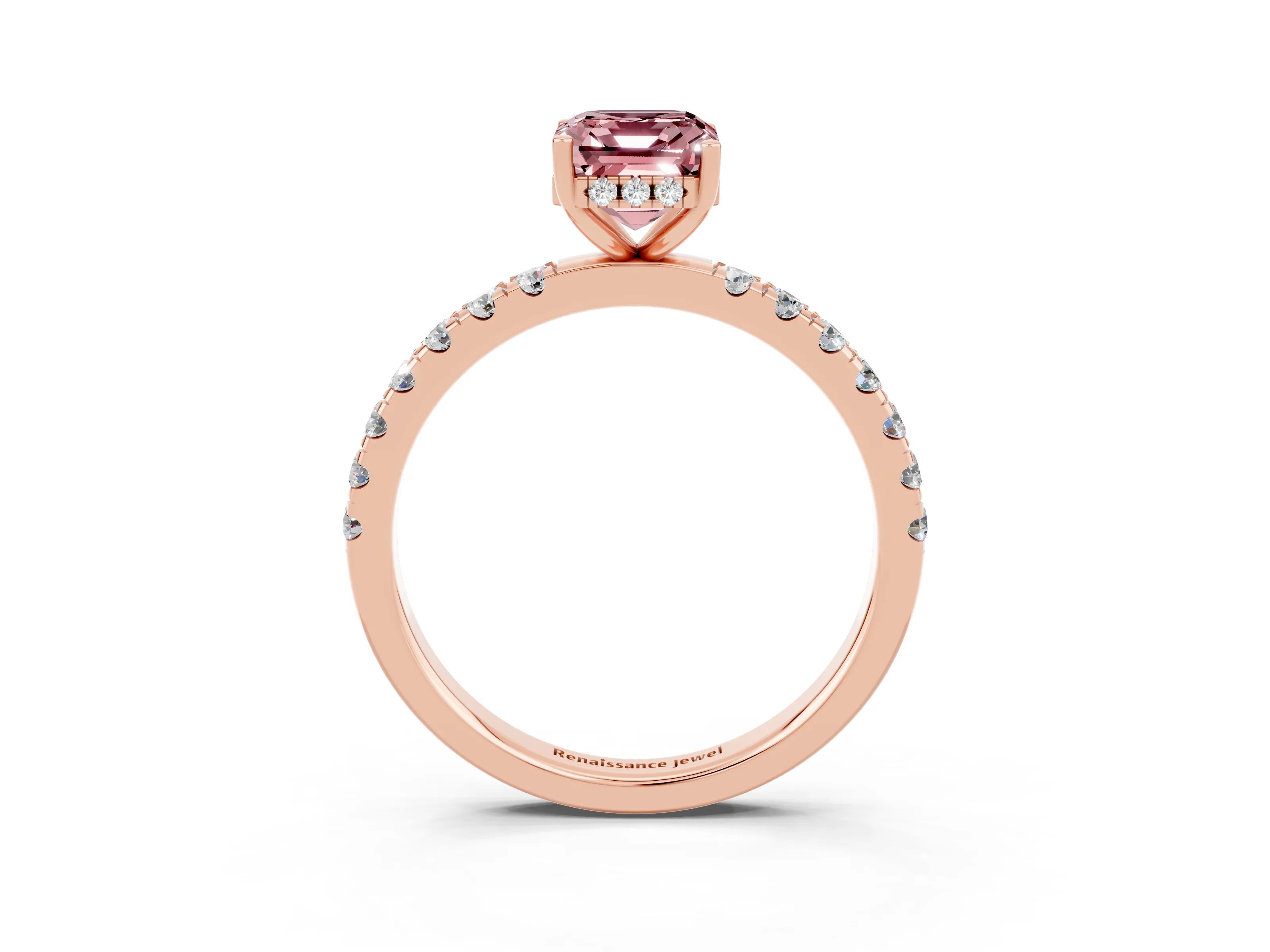 Rose gold Emerald Cut Morganite Pave Band Solitaire Ring with Four-Prong Setting_27