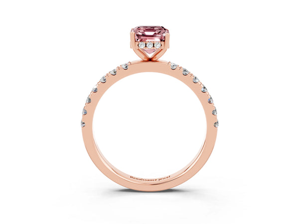 Rose gold Emerald Cut Morganite Pave Band Solitaire Ring with Round  and Prong Setting