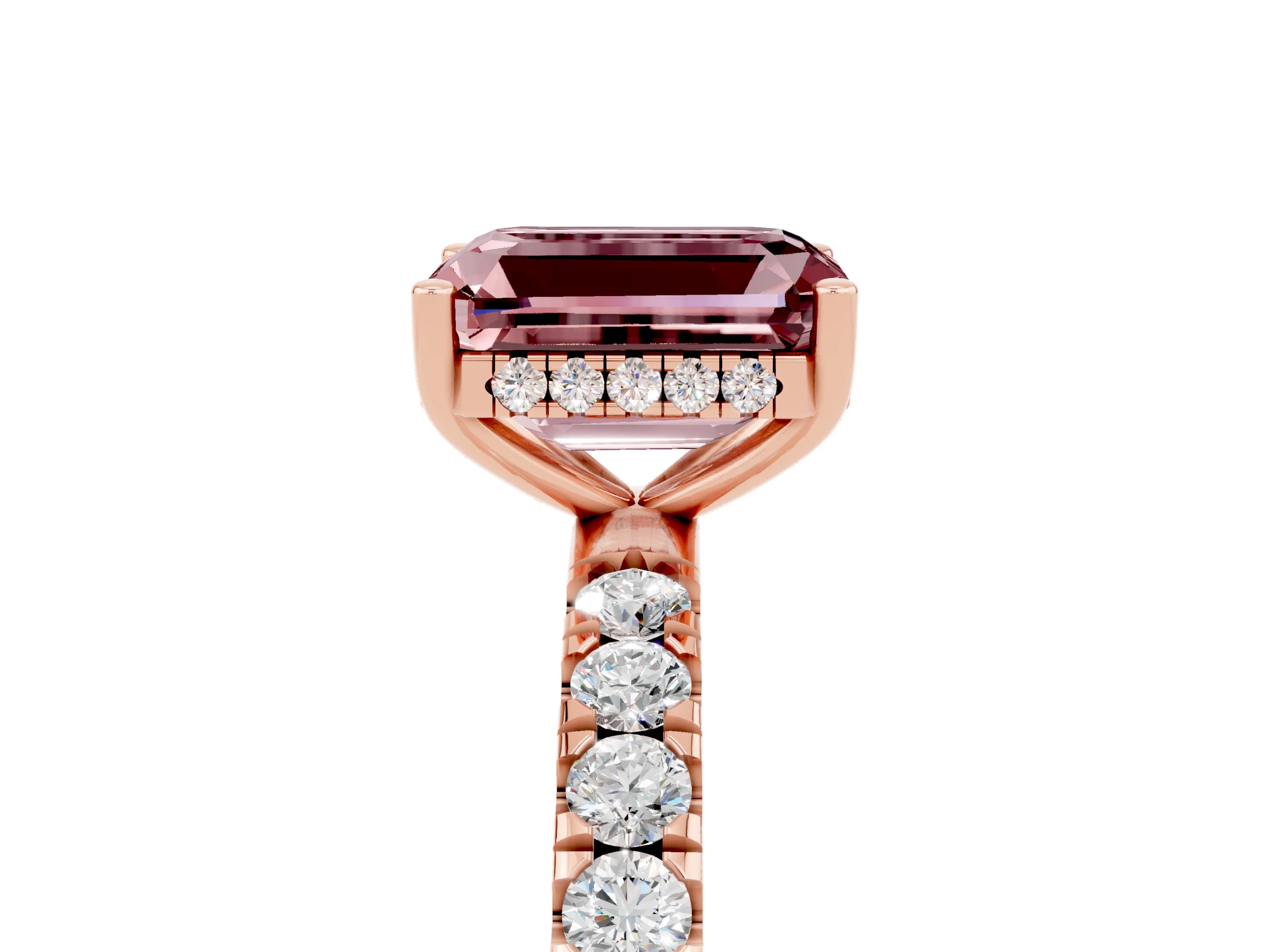 Rose gold Emerald Cut Morganite Pave Band Solitaire Ring with Four-Prong Setting_29