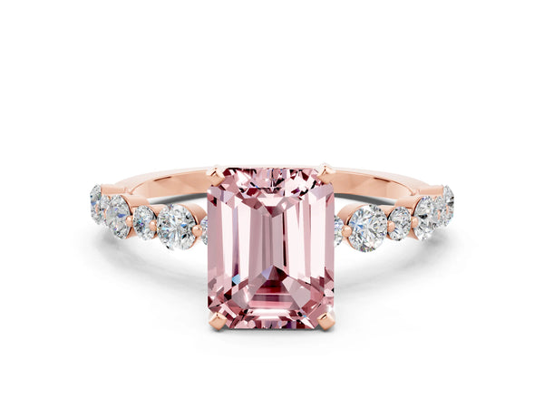 Rose gold Emerald Cut Morganite Prong Set Engagement Ring with Pavé Band