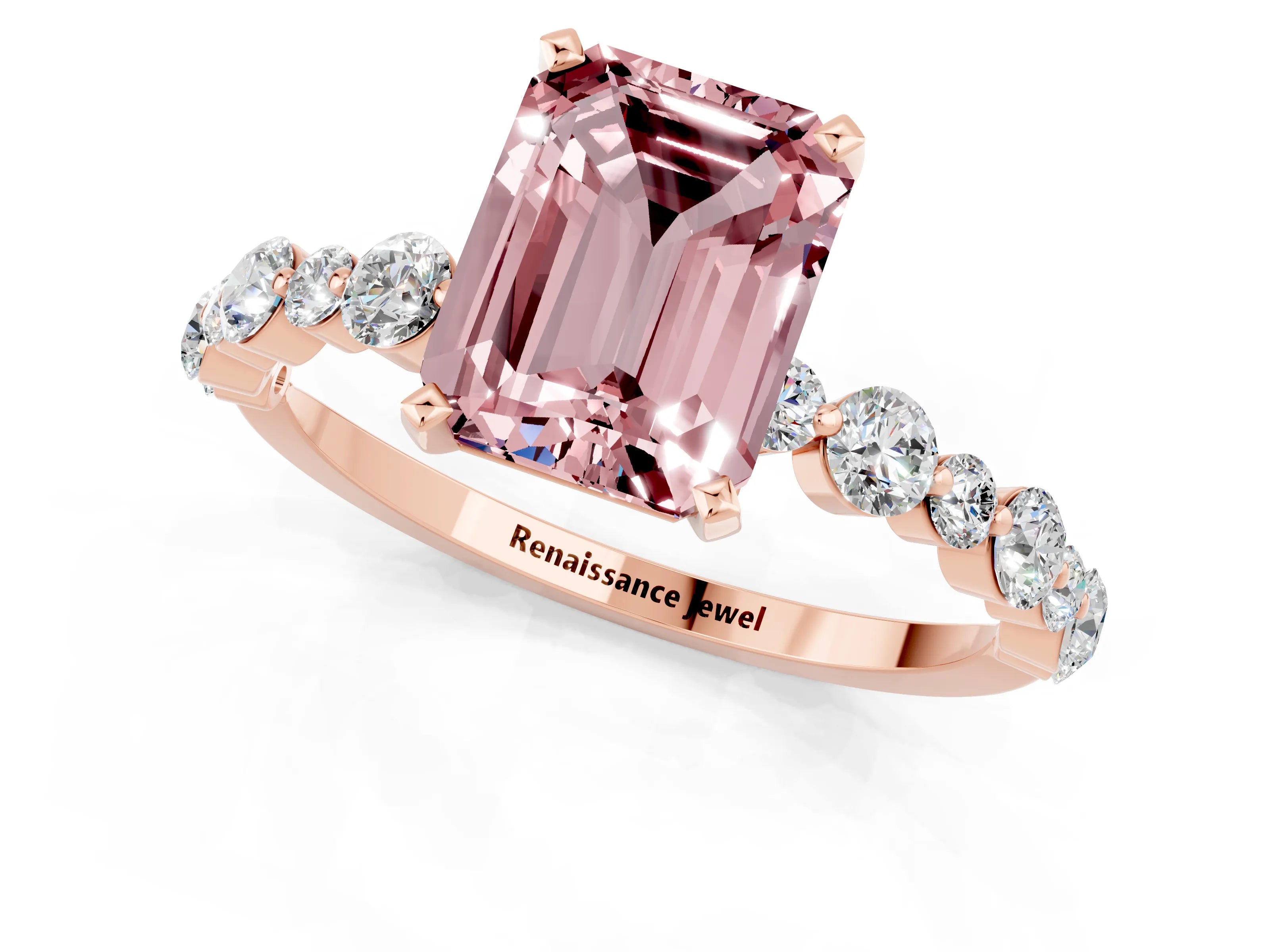 Rose gold Emerald Cut Morganite Prong Set Engagement Ring with Pavé Band_1
