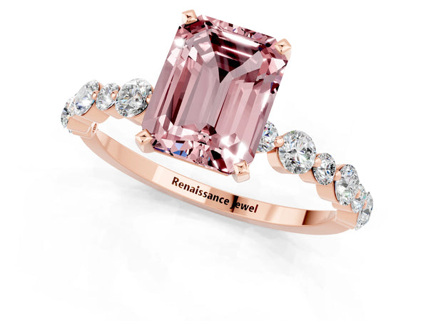 Rose gold Emerald Cut Morganite Prong Set Engagement Ring with Pavé Band