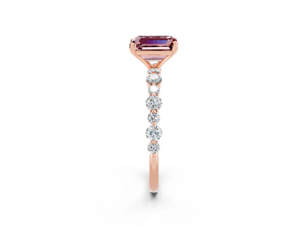 Rose gold Emerald Cut Morganite Prong Set Engagement Ring with Pavé Band