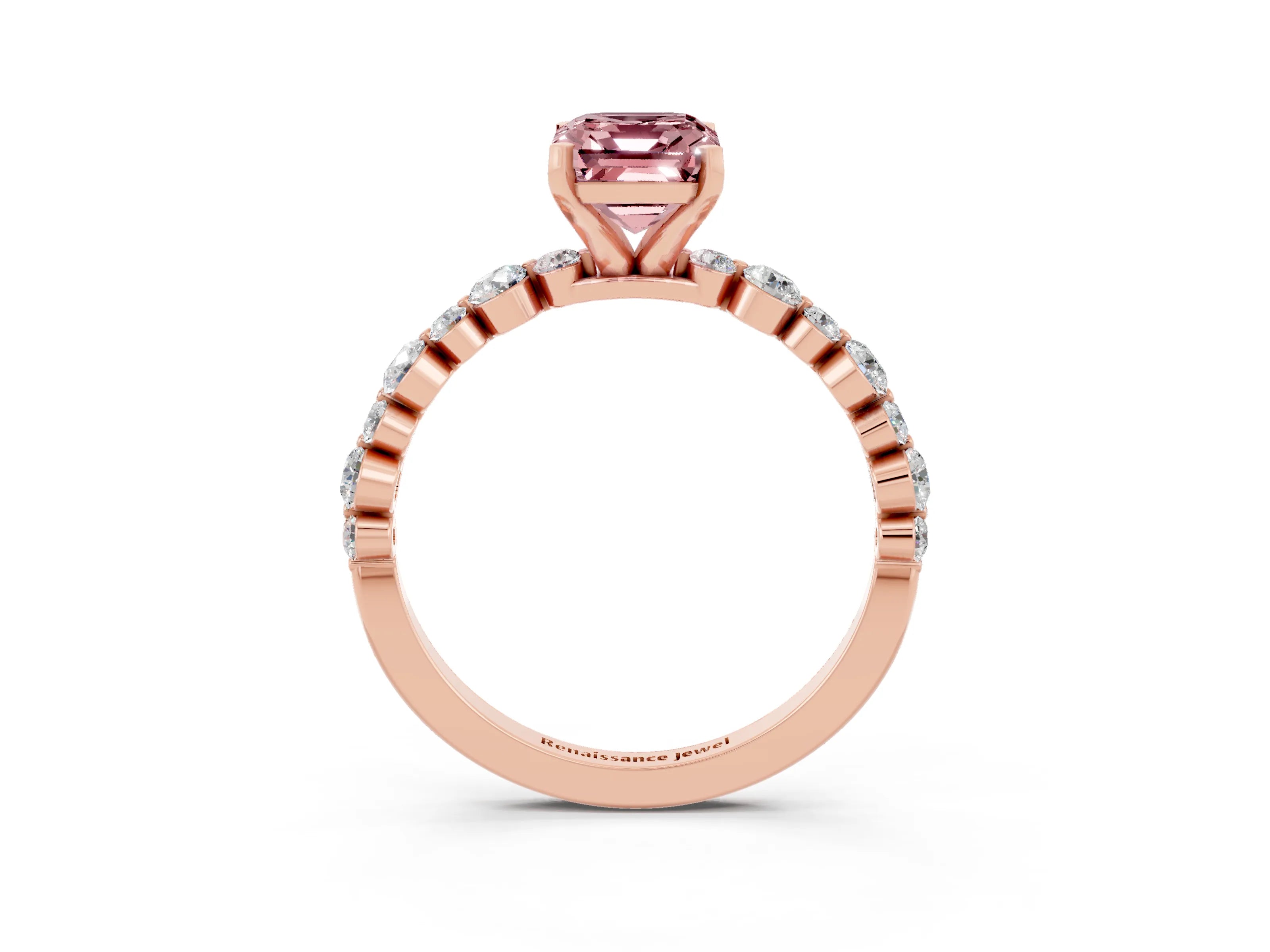 Rose gold Emerald Cut Morganite Prong Set Engagement Ring with Pavé Band_3