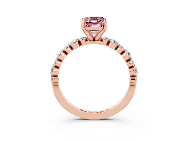 Rose gold Emerald Cut Morganite Prong Set Engagement Ring with Pavé Band