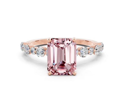 Rose gold Emerald Cut Morganite Prong Set Engagement Ring with Pavé Band