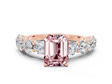 Rose gold Emerald Cut Morganite Prong Setting with Side Stones on a Pave Band