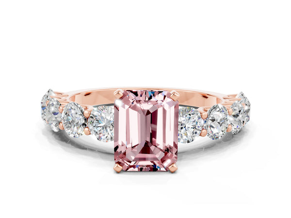 Rose gold Emerald Cut Morganite Prong Setting with Side Stones on a Pave Band
