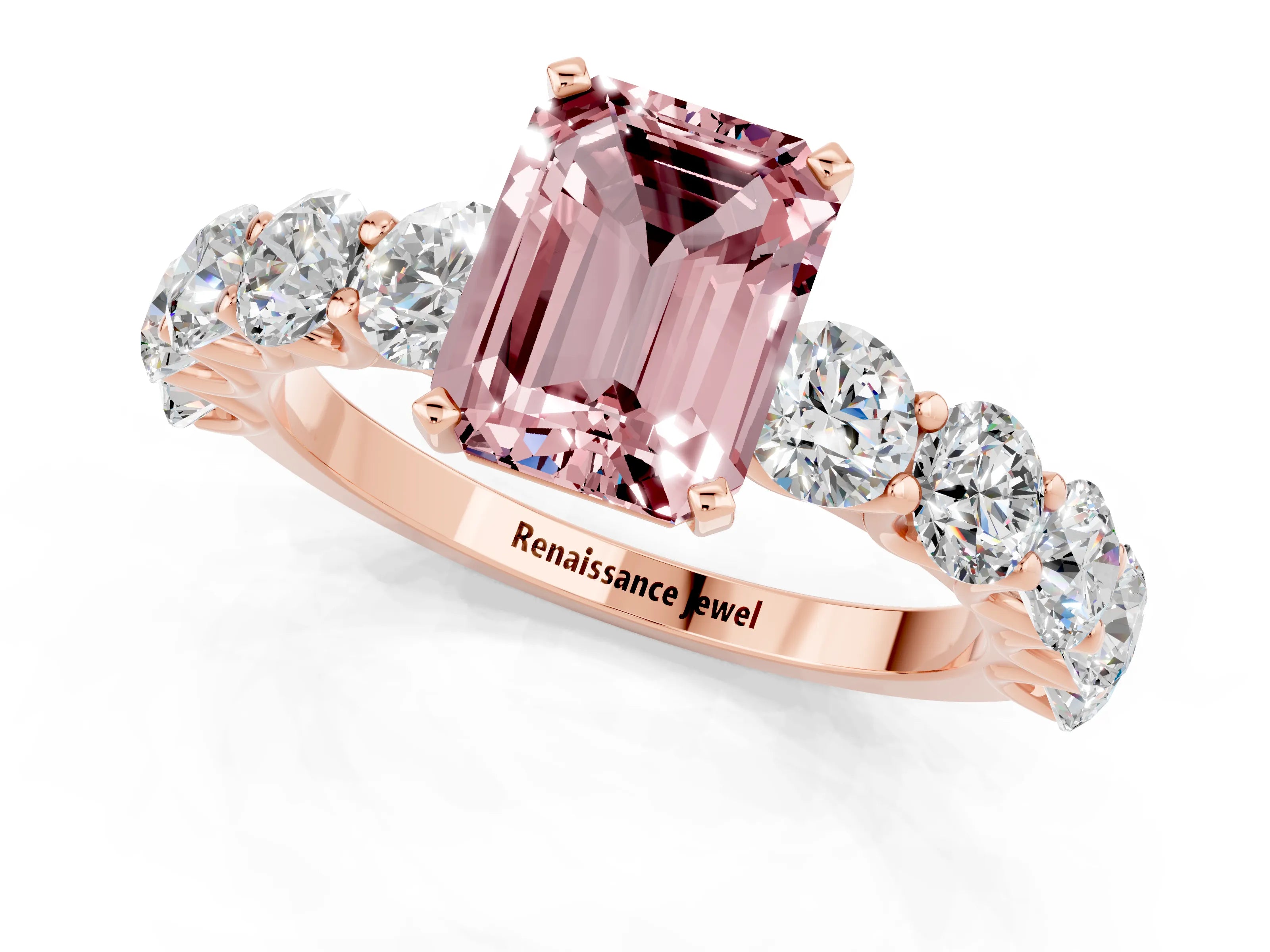 Rose gold Emerald Cut Morganite Prong Setting with Side Stones on a Pave Band_1