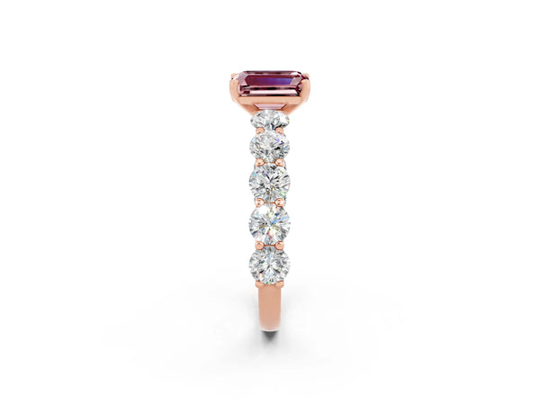 Rose gold Emerald Cut Morganite Prong Setting with Side Stones on a Pave Band