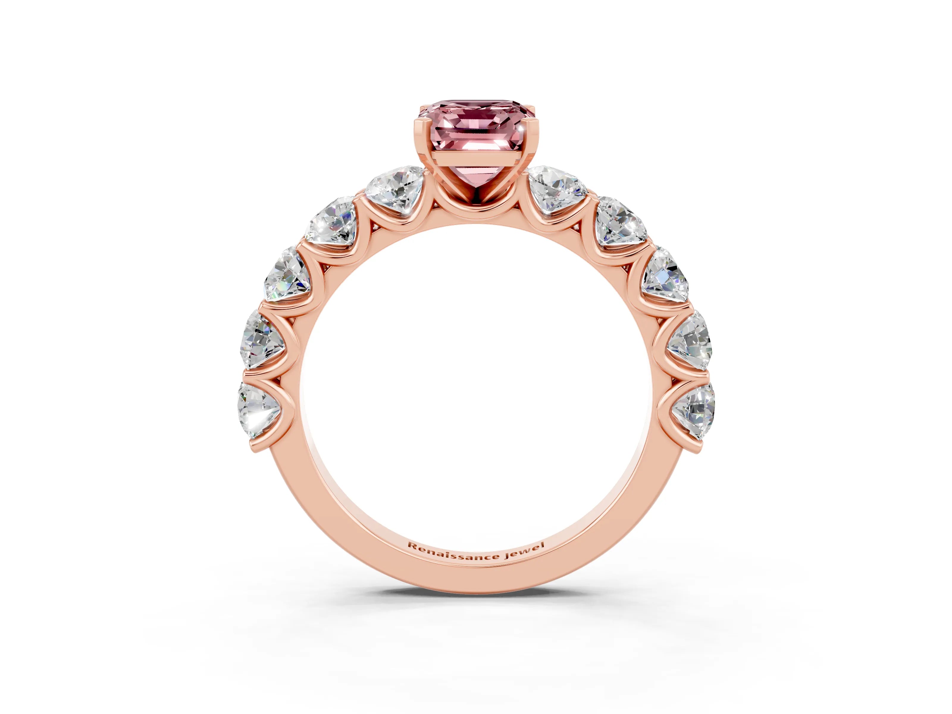 Rose gold Emerald Cut Morganite Prong Setting with Side Stones on a Pave Band_3