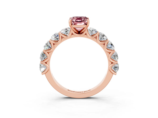 Rose gold Emerald Cut Morganite Prong Setting with Side Stones on a Pave Band