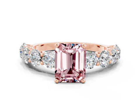 Rose gold Emerald Cut Morganite Prong Setting with Side Stones on a Pave Band