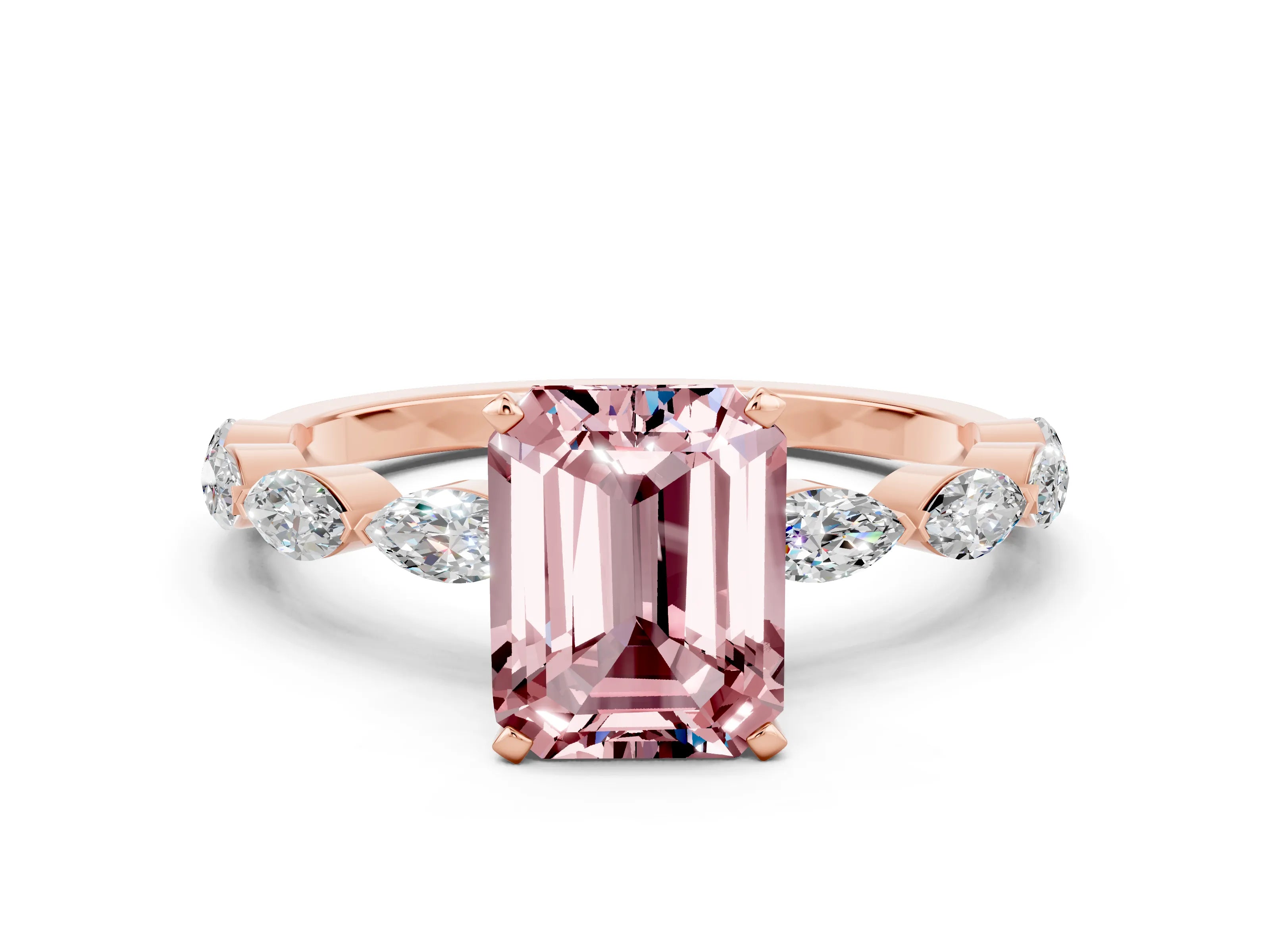 Rose gold Emerald Cut Morganite Ring with Marquise Side Stones and Prong Setting
