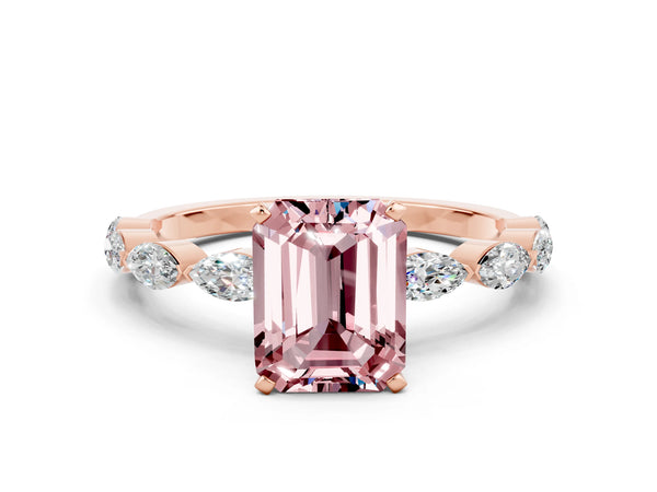 Rose gold Emerald Cut Morganite Ring with Marquise Side Stones and Prong Setting