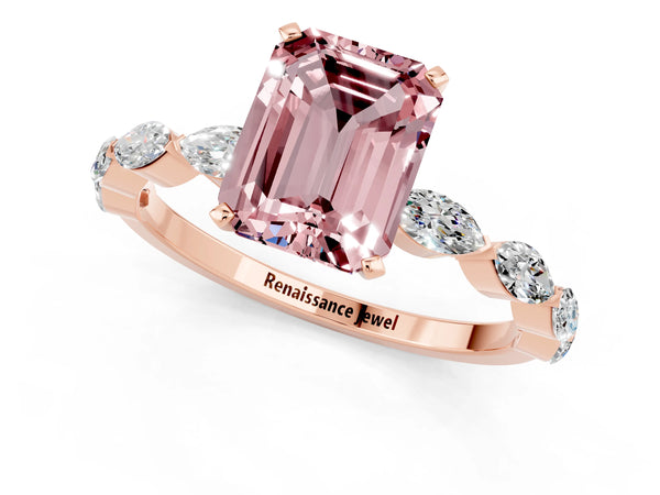 Rose gold Emerald Cut Morganite Ring with Marquise Side Stones and Prong Setting