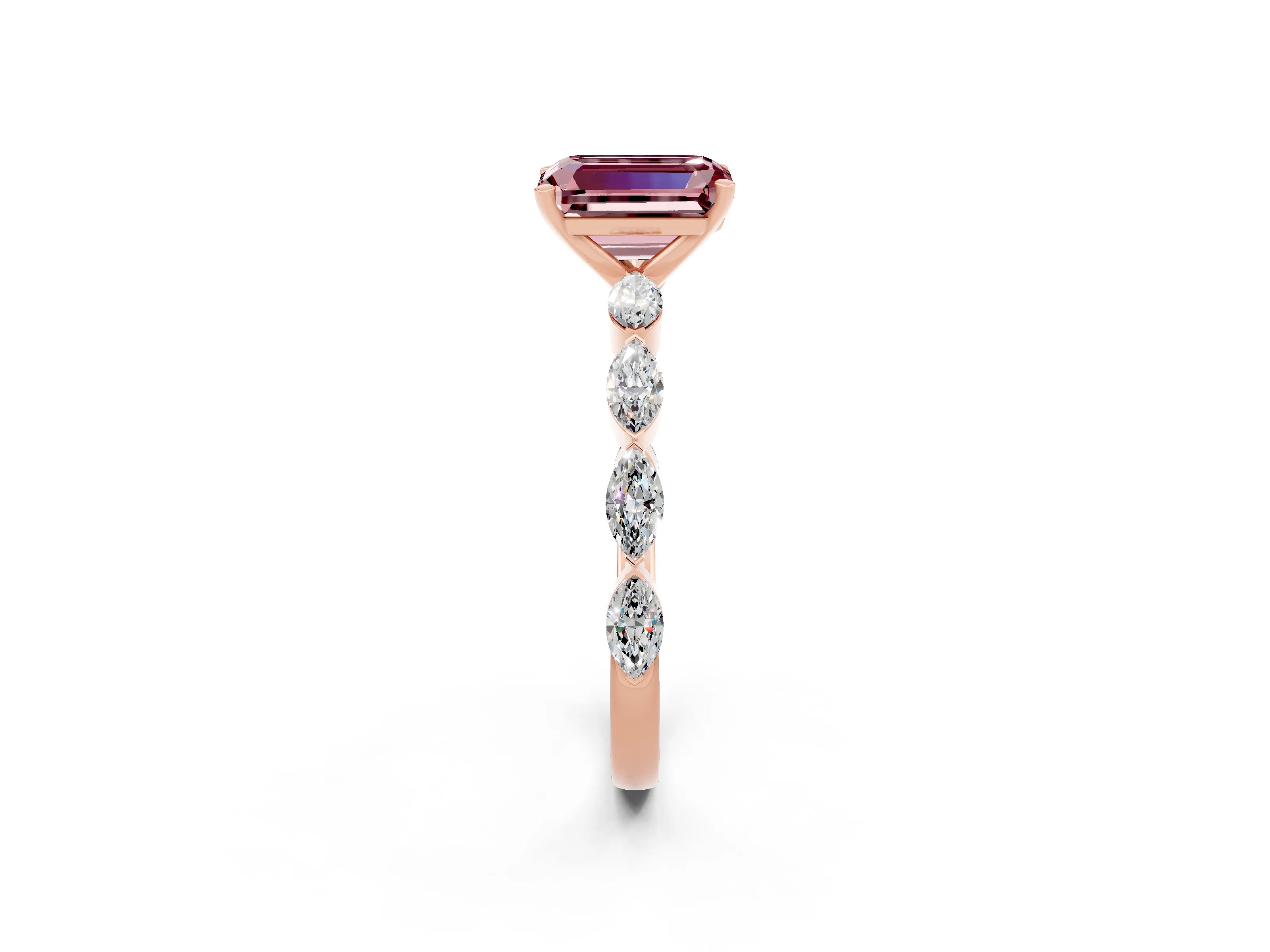 Rose gold Emerald Cut Morganite Ring with Marquise Side Stones and Prong Setting_2