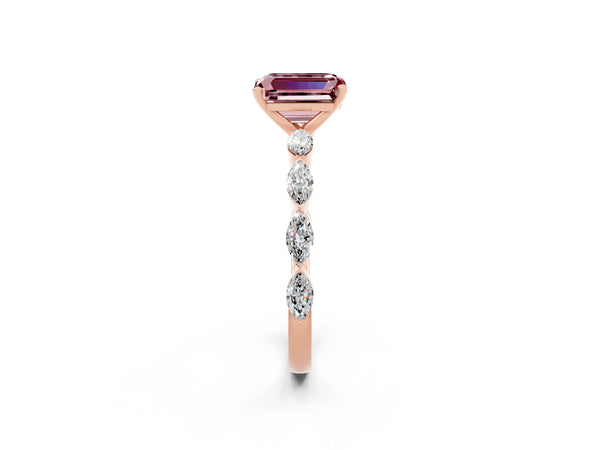 Rose gold Emerald Cut Morganite Ring with Marquise Side Stones and Prong Setting
