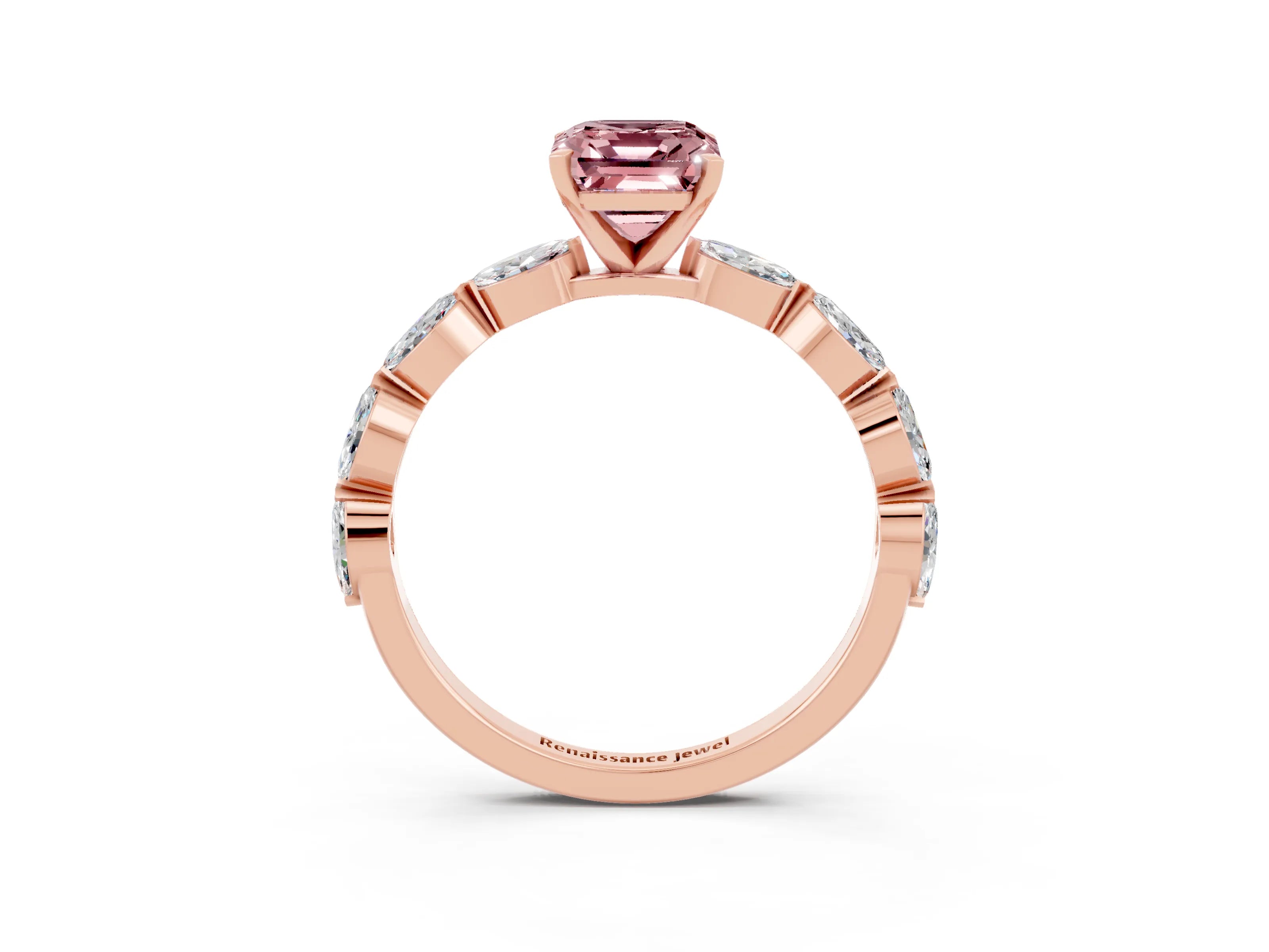 Rose gold Emerald Cut Morganite Ring with Marquise Side Stones and Prong Setting_3