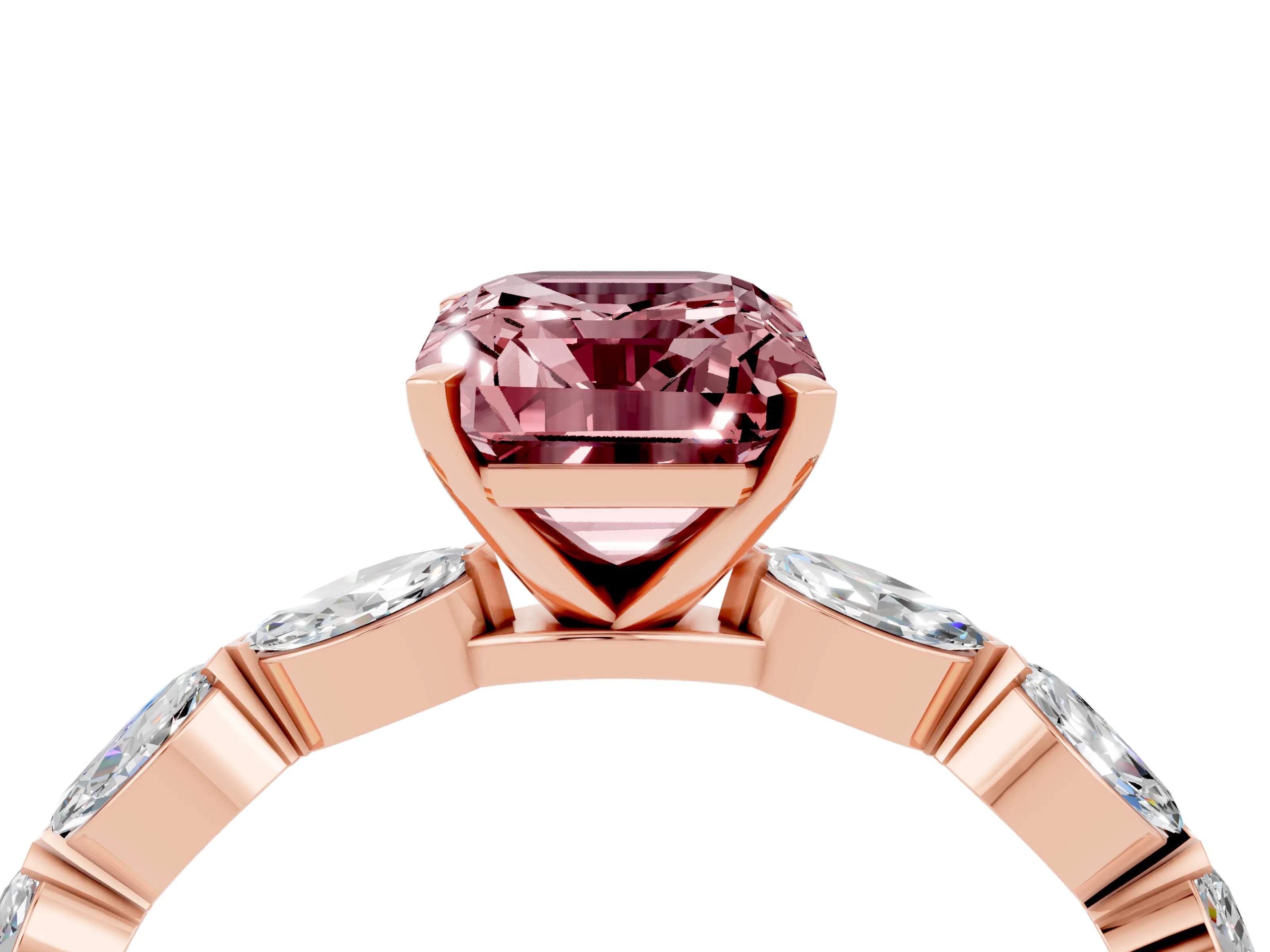 Rose gold Emerald Cut Morganite Ring with Marquise Side Stones and Prong Setting_4