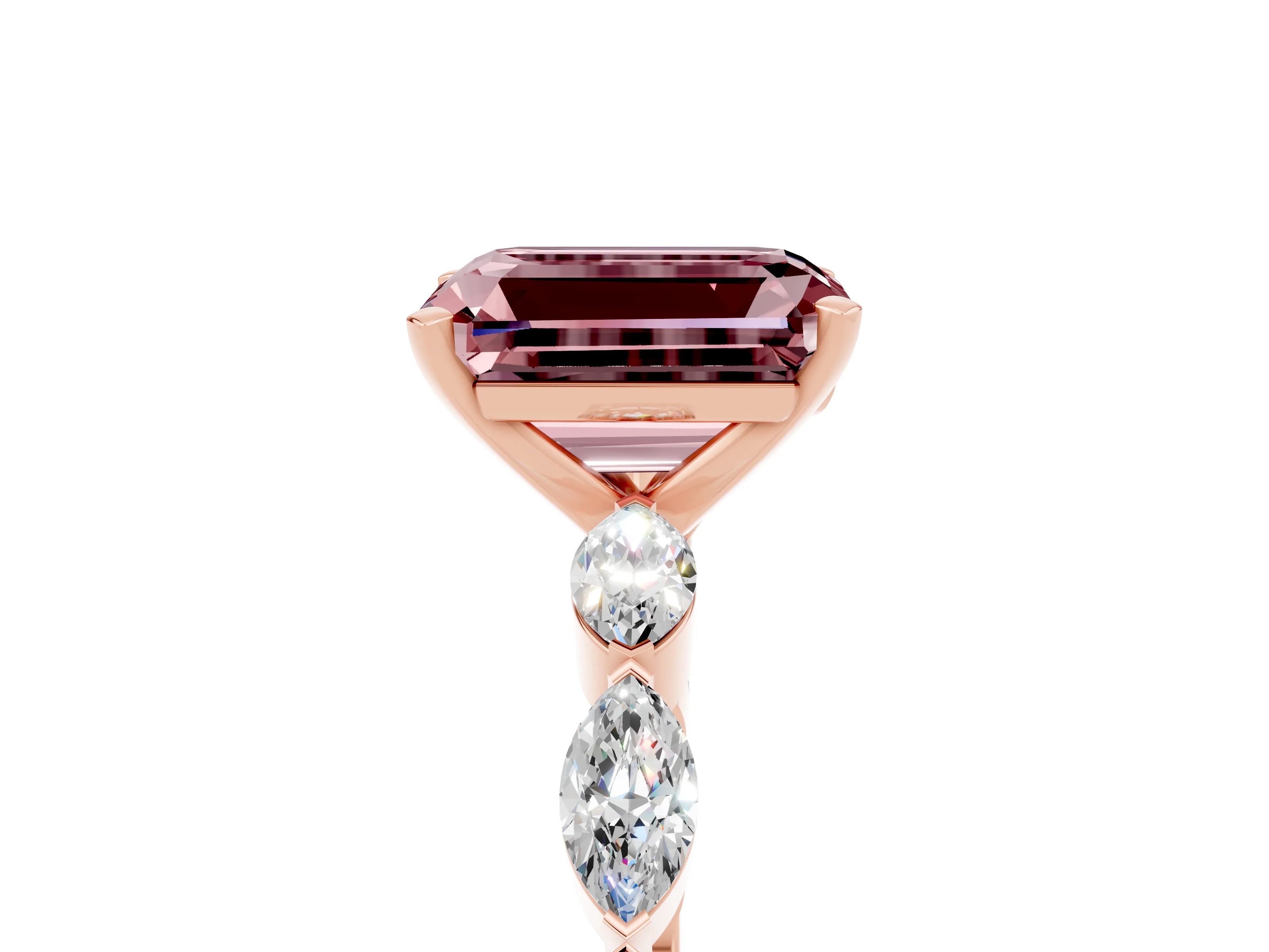 Rose gold Emerald Cut Morganite Ring with Marquise Side Stones and Prong Setting_5