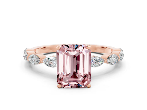 Rose gold Emerald Cut Morganite Ring with Marquise Side Stones and Prong Setting