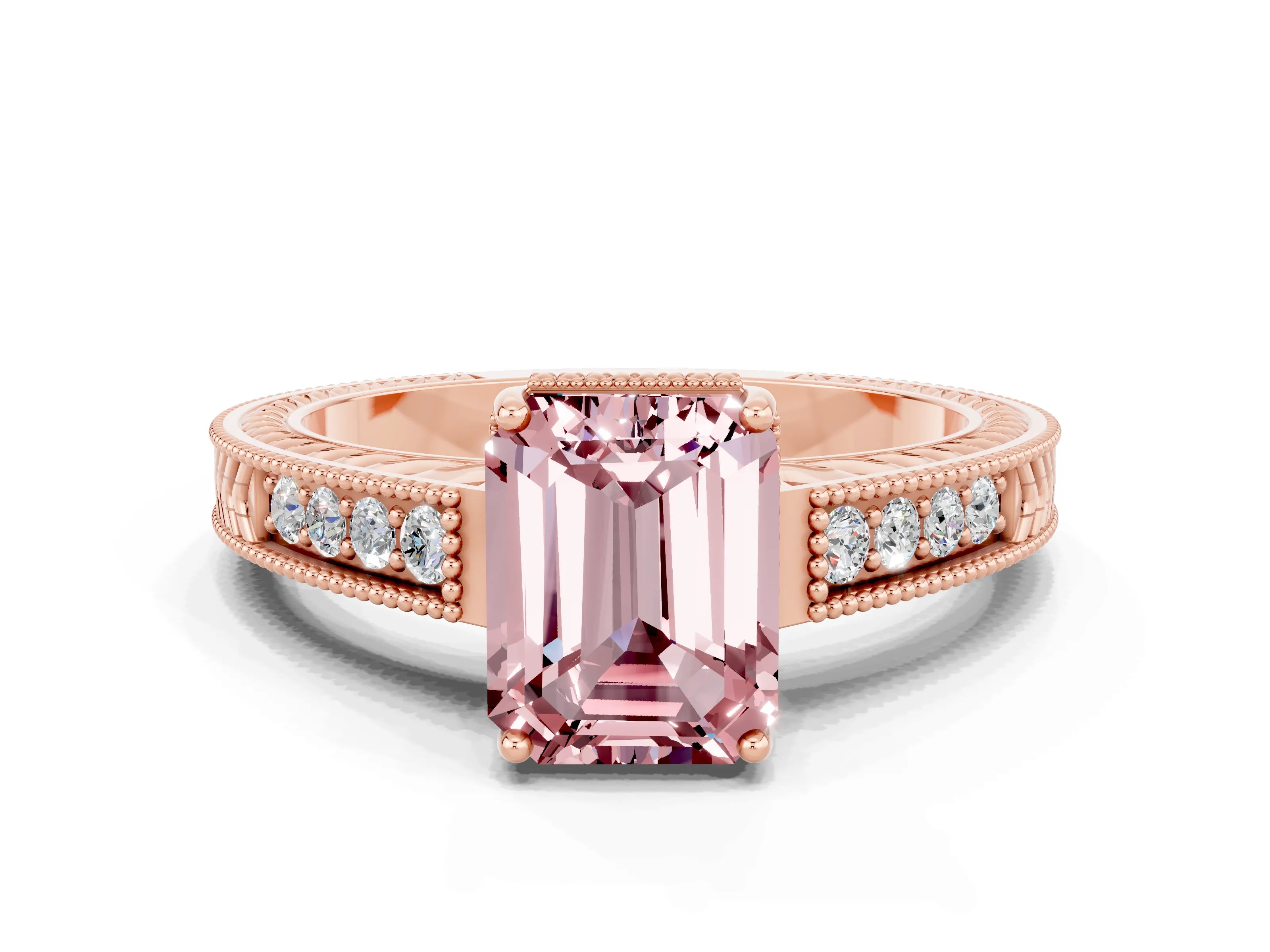Rose gold Emerald Cut Morganite Ring with Milgrain Pavé Band and Four-Prong Setting_12
