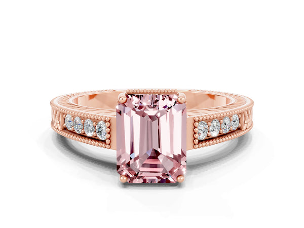 Rose gold Emerald Cut Morganite Ring with Milgrain Pavé Band and Four-Prong Setting