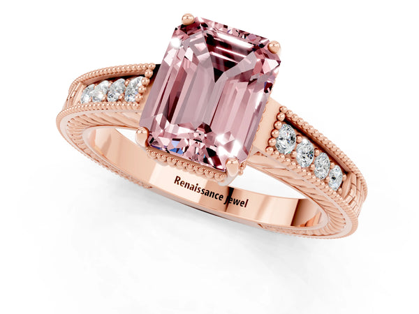 Rose gold Emerald Cut Morganite Ring with Milgrain Pavé Band and Four-Prong Setting