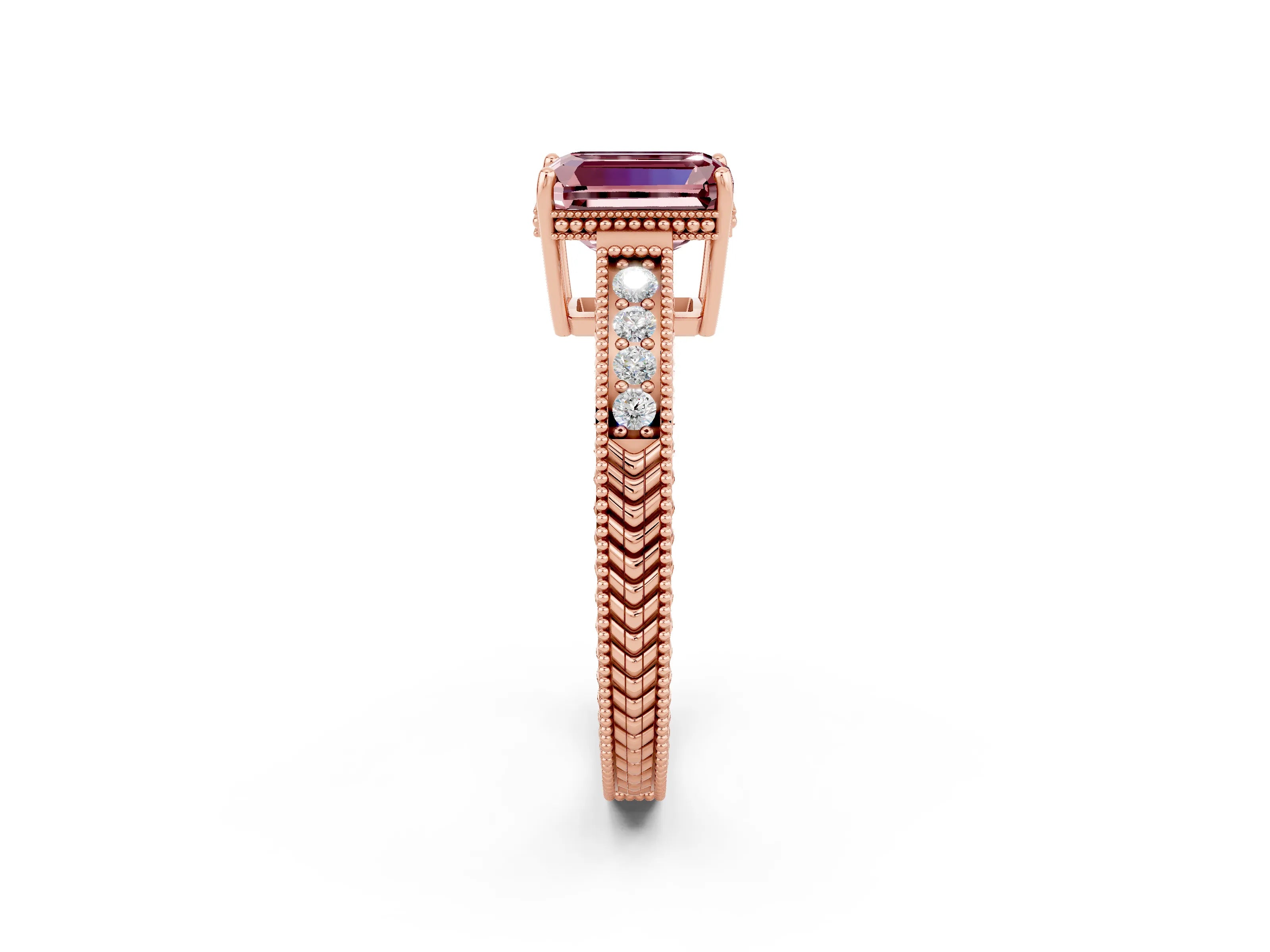 Rose gold Emerald Cut Morganite Ring with Milgrain Pavé Band and Four-Prong Setting_14