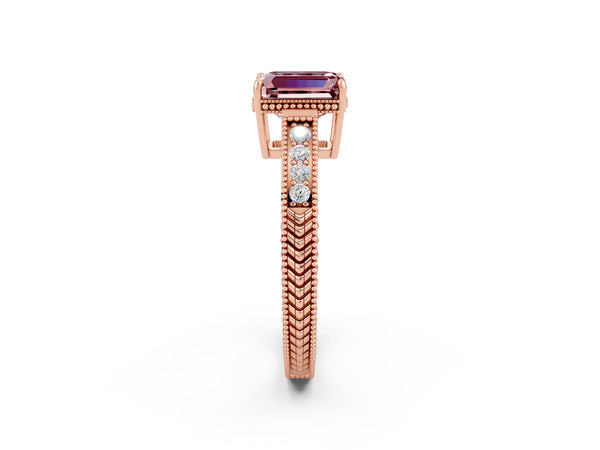 Rose gold Emerald Cut Morganite Ring with Milgrain Pavé Band and Four-Prong Setting