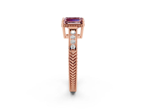 Rose gold Emerald Cut Morganite Ring with Milgrain Pavé Band and Four-Prong Setting_14