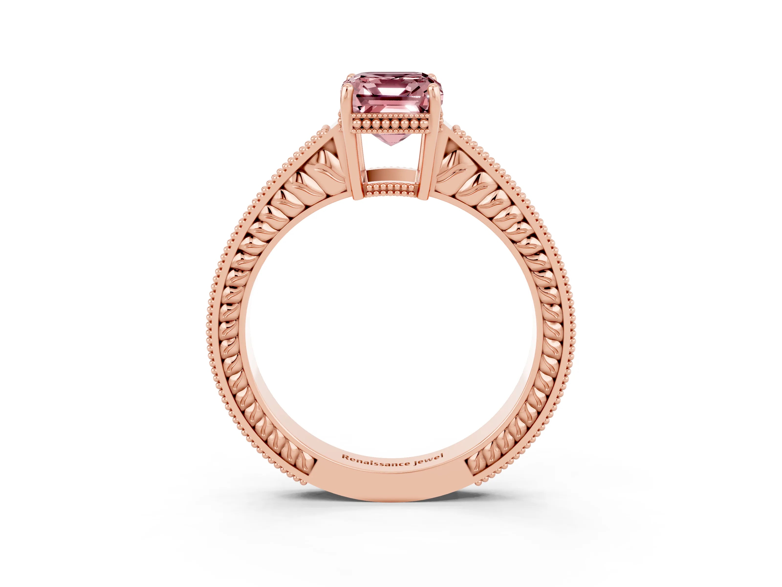 Rose gold Emerald Cut Morganite Ring with Milgrain Pavé Band and Four-Prong Setting_15