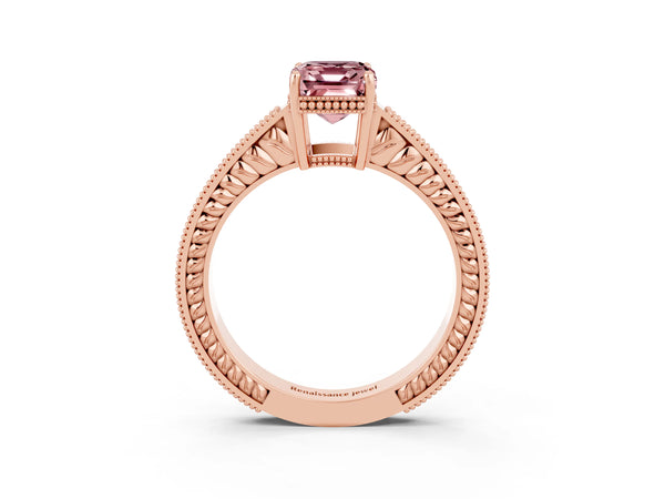 Rose gold Emerald Cut Morganite Ring with Milgrain Pavé Band and Four-Prong Setting