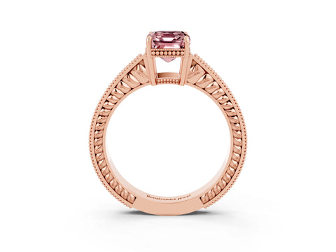Rose gold Emerald Cut Morganite Ring with Milgrain Pavé Band and Four-Prong Setting_15