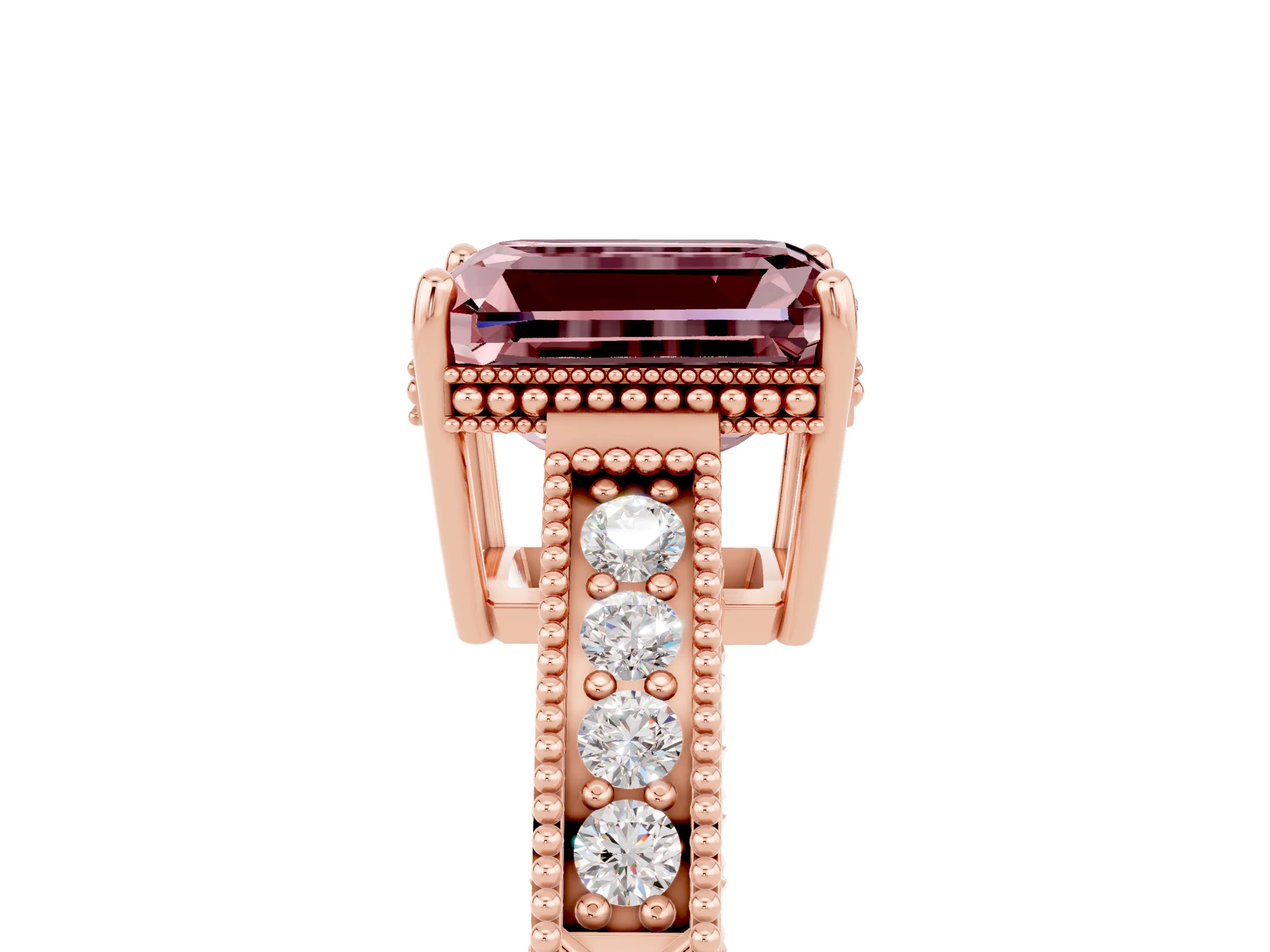 Rose gold Emerald Cut Morganite Ring with Milgrain Pavé Band and Four-Prong Setting_17