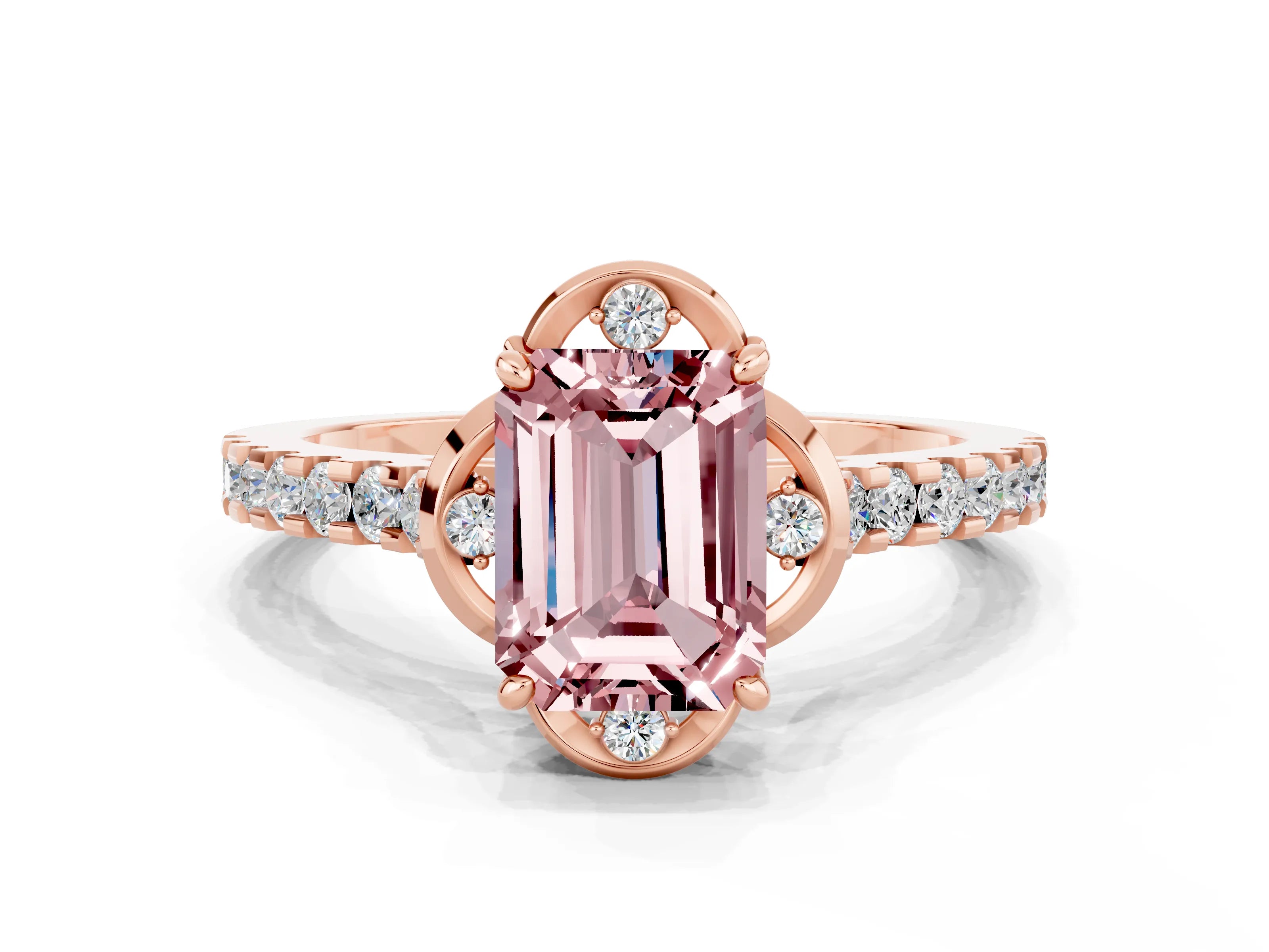 Rose gold Emerald Cut Morganite Ring with Pavé Band and Floral Prong Setting