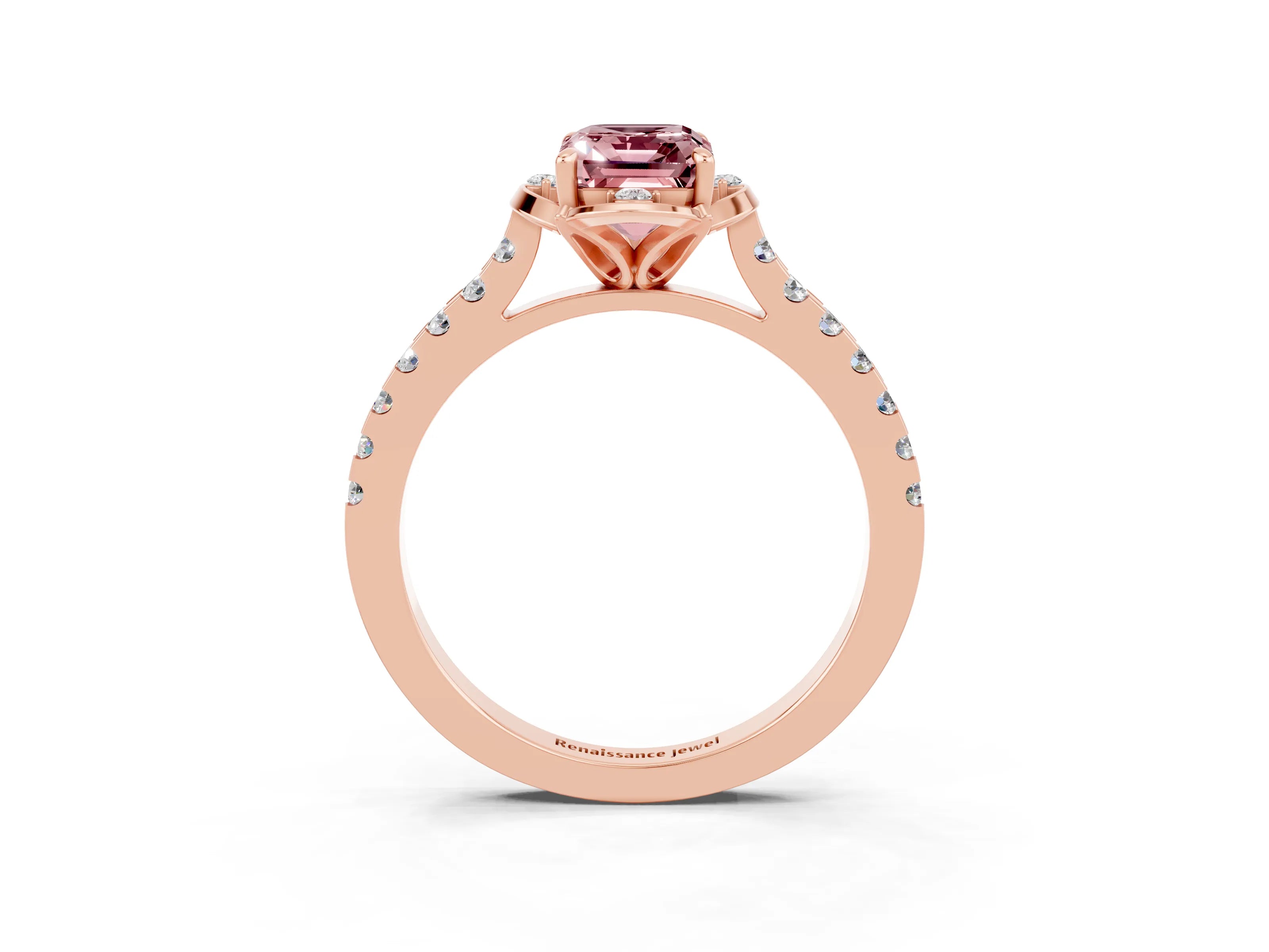 Rose gold Emerald Cut Morganite Ring with Pavé Band and Floral Prong Setting_3