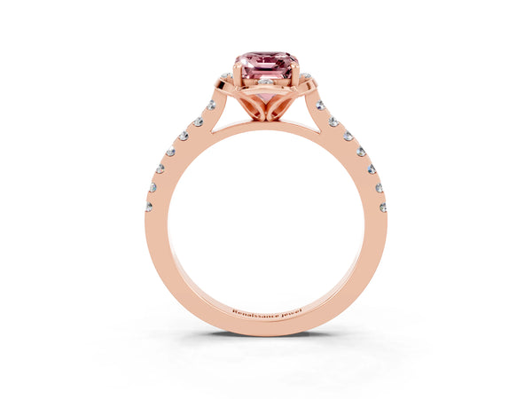 Rose gold Emerald Cut Morganite Ring with Pavé Band and Floral Prong Setting