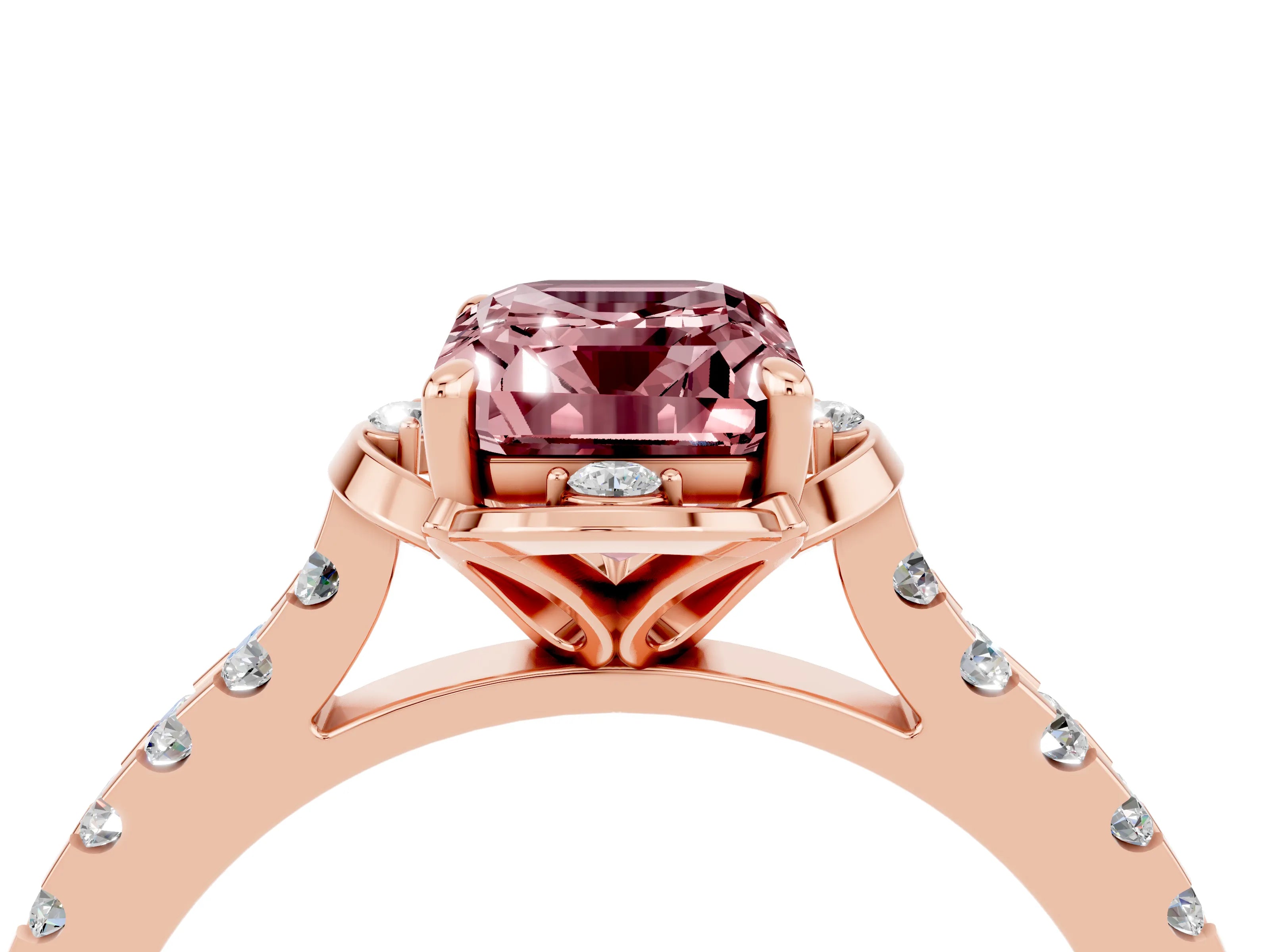 Rose gold Emerald Cut Morganite Ring with Pavé Band and Floral Prong Setting_4