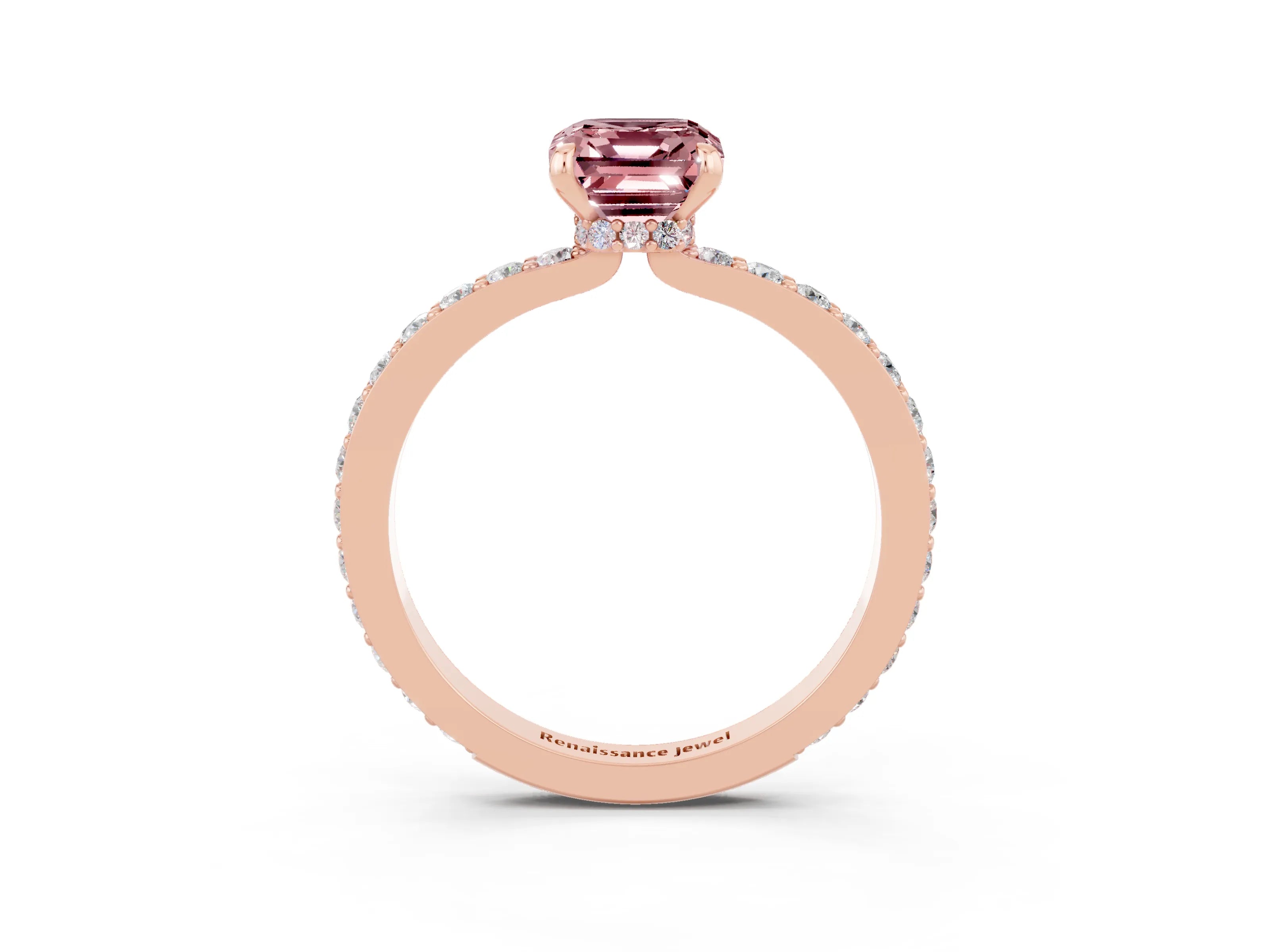 Rose gold Emerald Cut Morganite Ring with Pavé Band and Four-Prong Setting_3