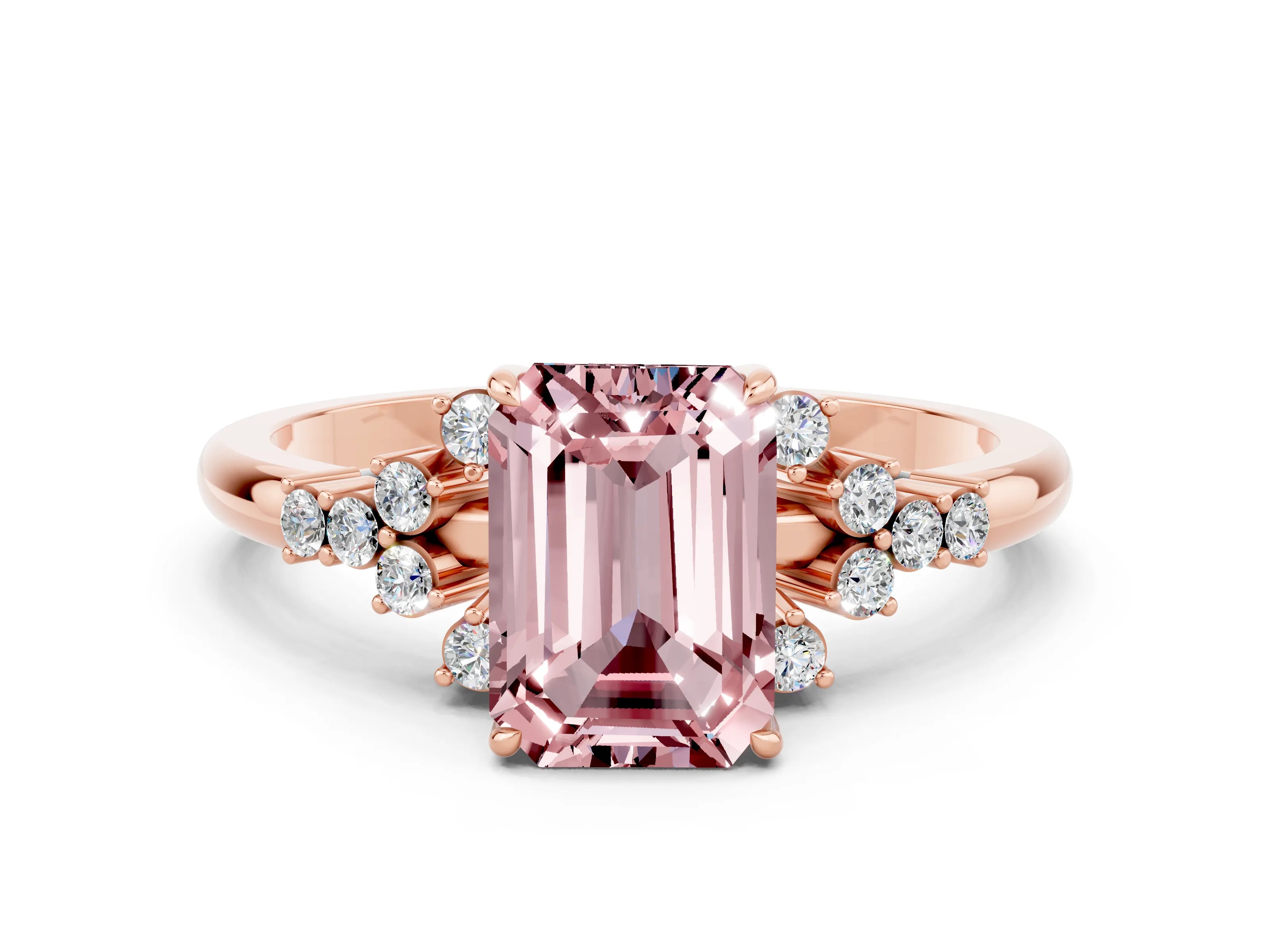 Rose gold Emerald Cut Morganite Ring with Side Stones and Four-Prong Setting_36