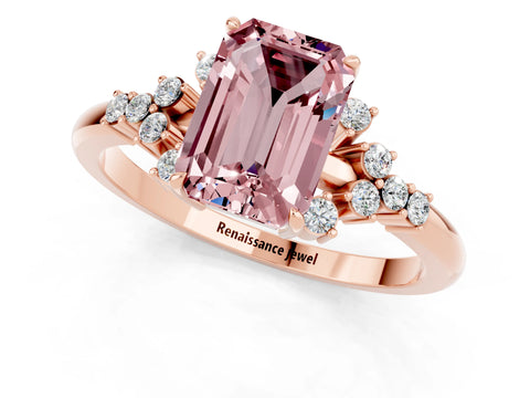 Rose gold Emerald Cut Morganite Ring with Side Stones and Four-Prong Setting_37