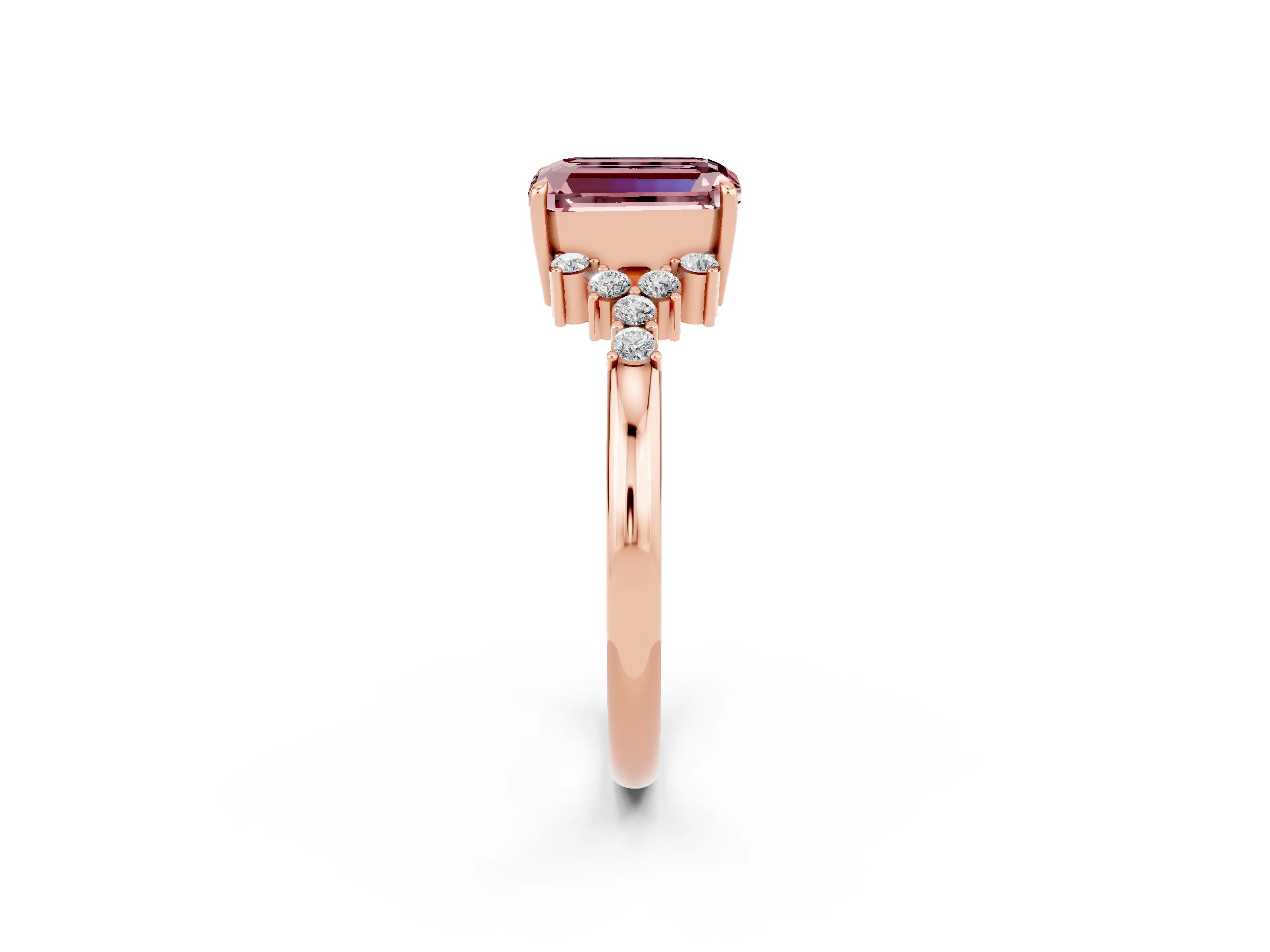 Rose gold Emerald Cut Morganite Ring with Side Stones and Four-Prong Setting_38