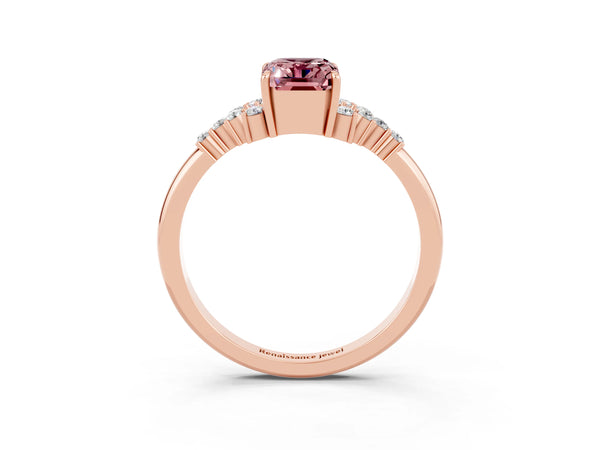 Rose gold Emerald Cut Morganite Ring with Side Stones and Four-Prong Setting